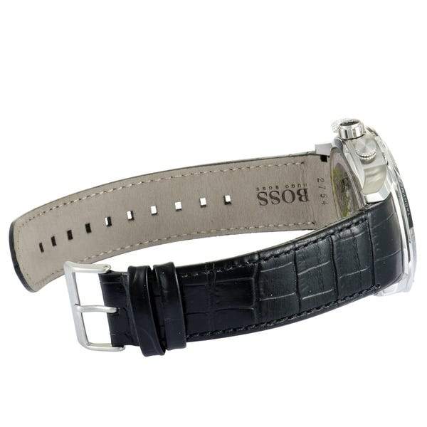 Hugo Boss Rafale watch strap showing black croc-embossed leather with suede lining