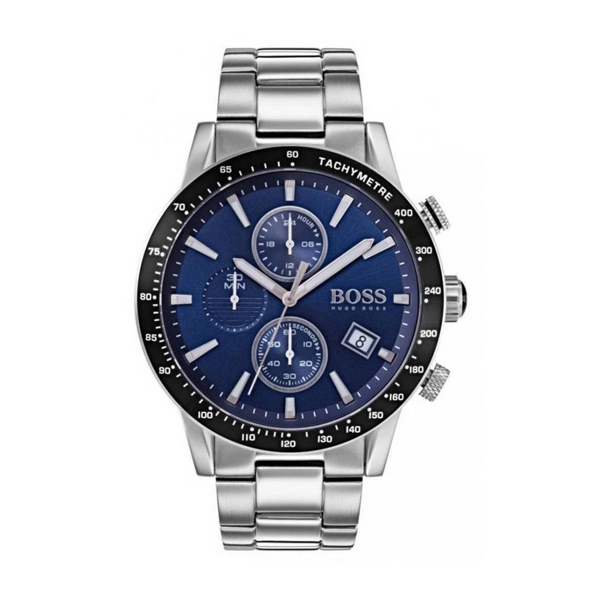 Hugo Boss Rafale blue dial chronograph watch with stainless steel bracelet and black bezel