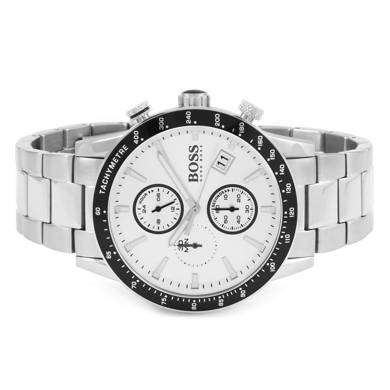 Hugo Boss Rafale chronograph with stainless steel bracelet and silver dial from angled view