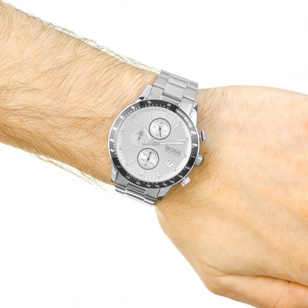 Hugo Boss Rafale chronograph worn on wrist showing silver dial and stainless steel bracelet