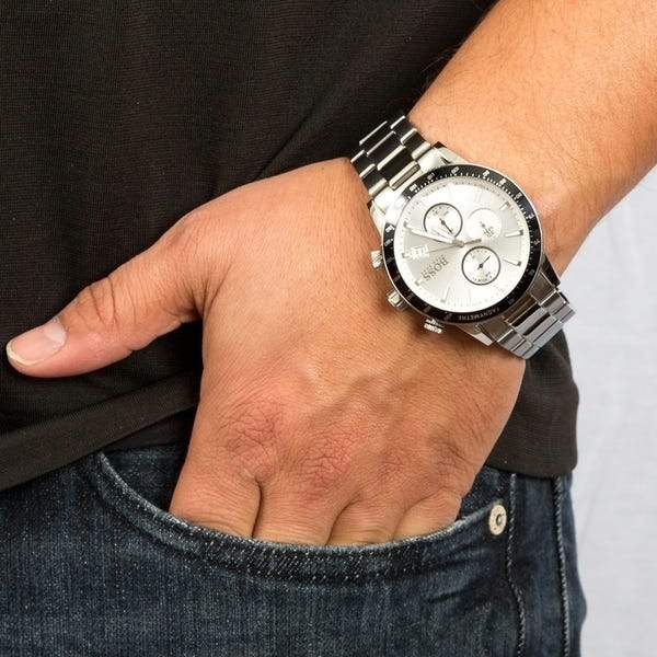 Hugo Boss Rafale watch on wrist with silver dial and dual subdials visible