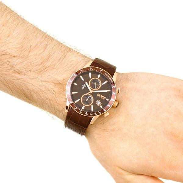 Hugo Boss Rafale Chronograph men's watch worn on wrist with brown dial and leather strap