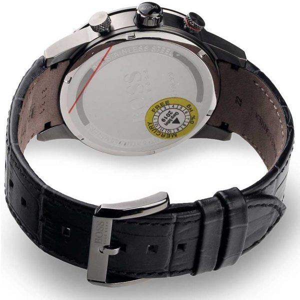 Hugo Boss Rafale watch caseback with visible movement and yellow date window