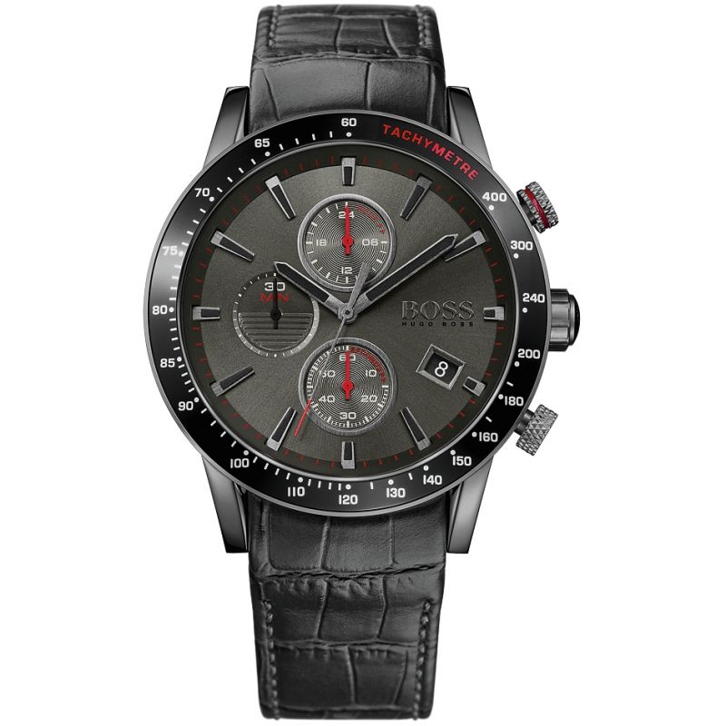 Hugo Boss Rafale chronograph men's watch with grey dial and black leather strap