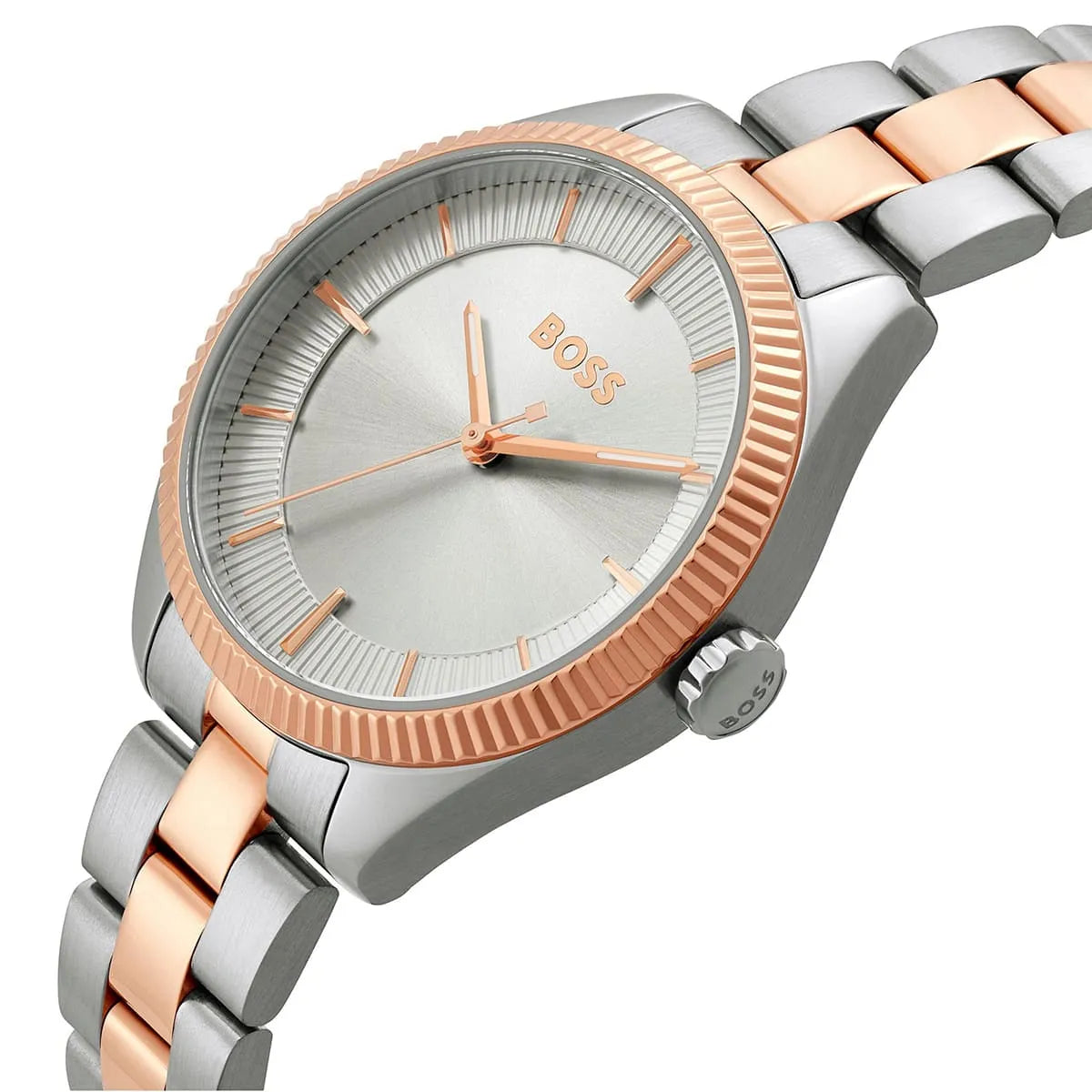 Hugo Boss Sage ladies watch angled view showing textured rose gold bezel and two-tone bracelet
