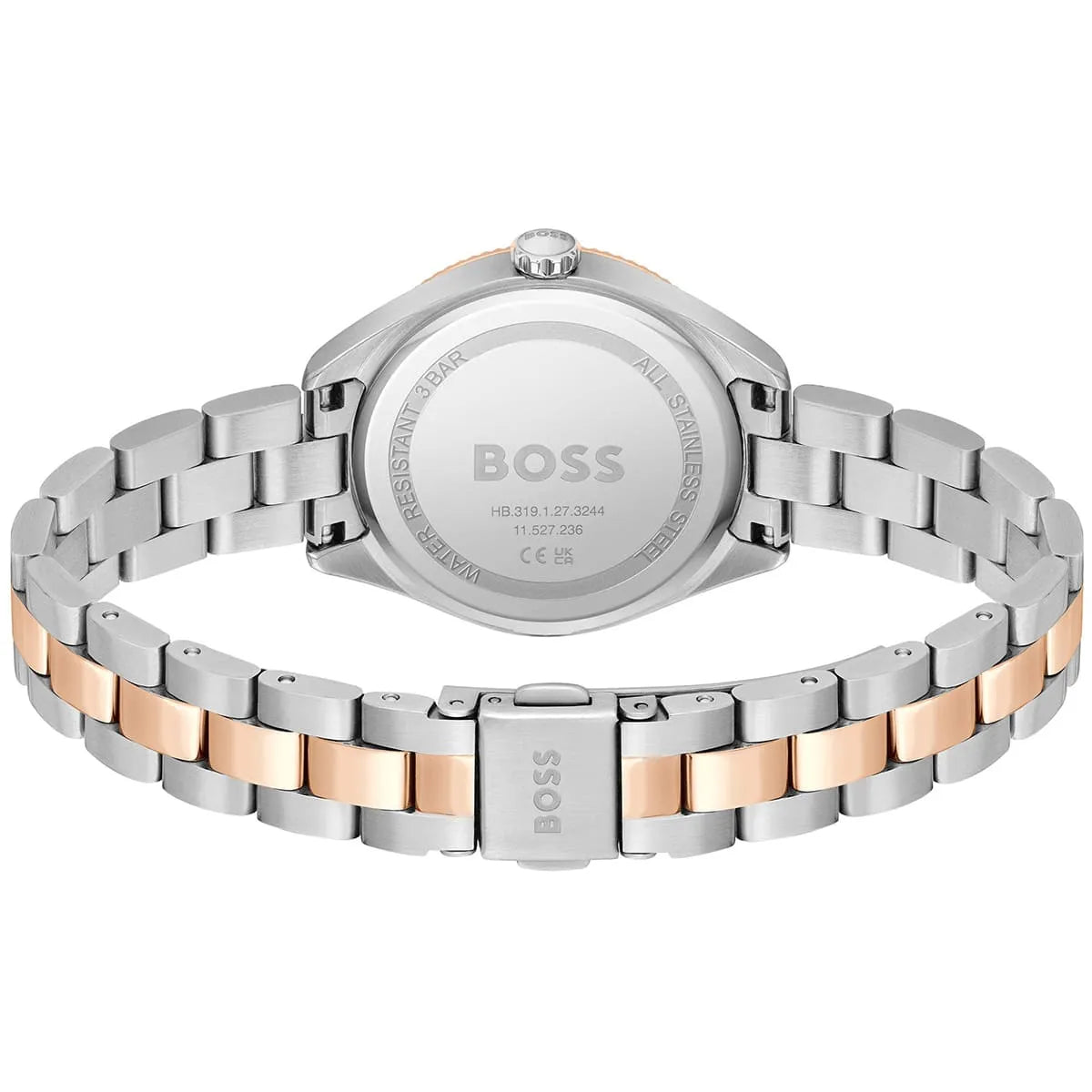 Hugo Boss Sage watch caseback showing stainless steel with rose gold and silver two-tone bracelet