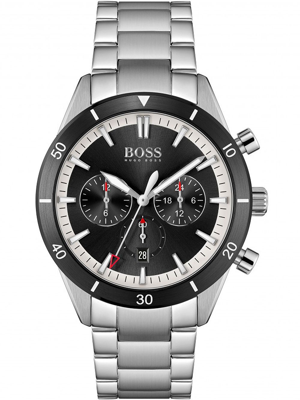 Hugo Boss Santiago stainless steel chronograph watch with black dial and silver bracelet