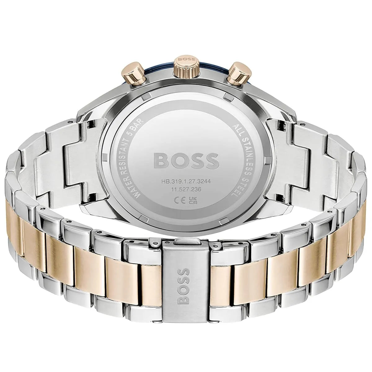 Hugo Boss Santiago watch caseback showing stainless steel and rose gold bracelet