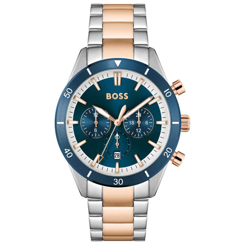 Hugo Boss Santiago chronograph watch with blue dial and two-tone steel bracelet
