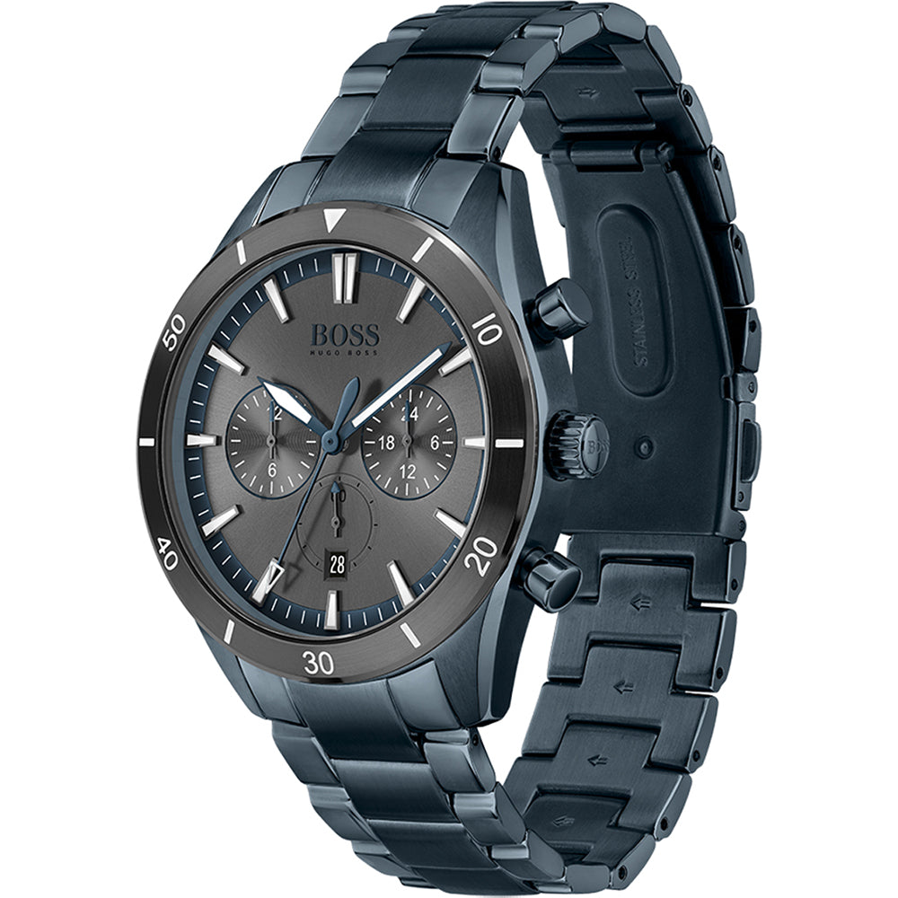 Hugo Boss Santiago chronograph watch shown at angle displaying side profile and strap