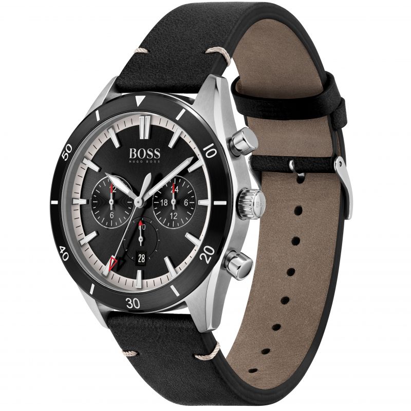 Hugo Boss Santiago watch showing side profile with black leather strap and stainless steel case