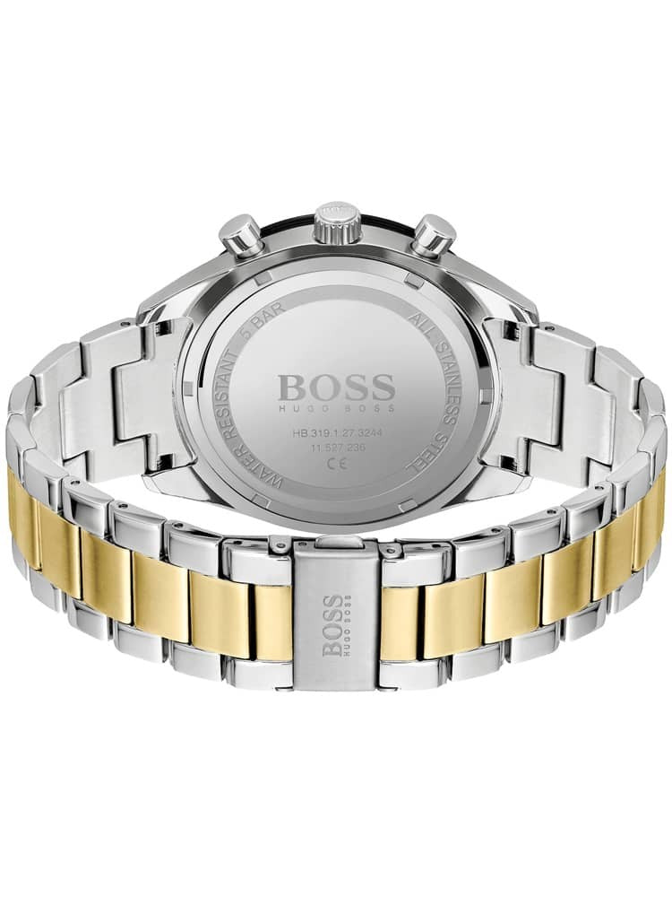 Hugo Boss Santiago watch caseback showing stainless steel two-tone bracelet