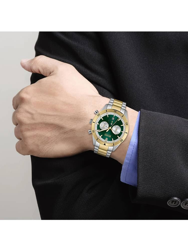 Hugo Boss Santiago two-tone chronograph watch worn on wrist
