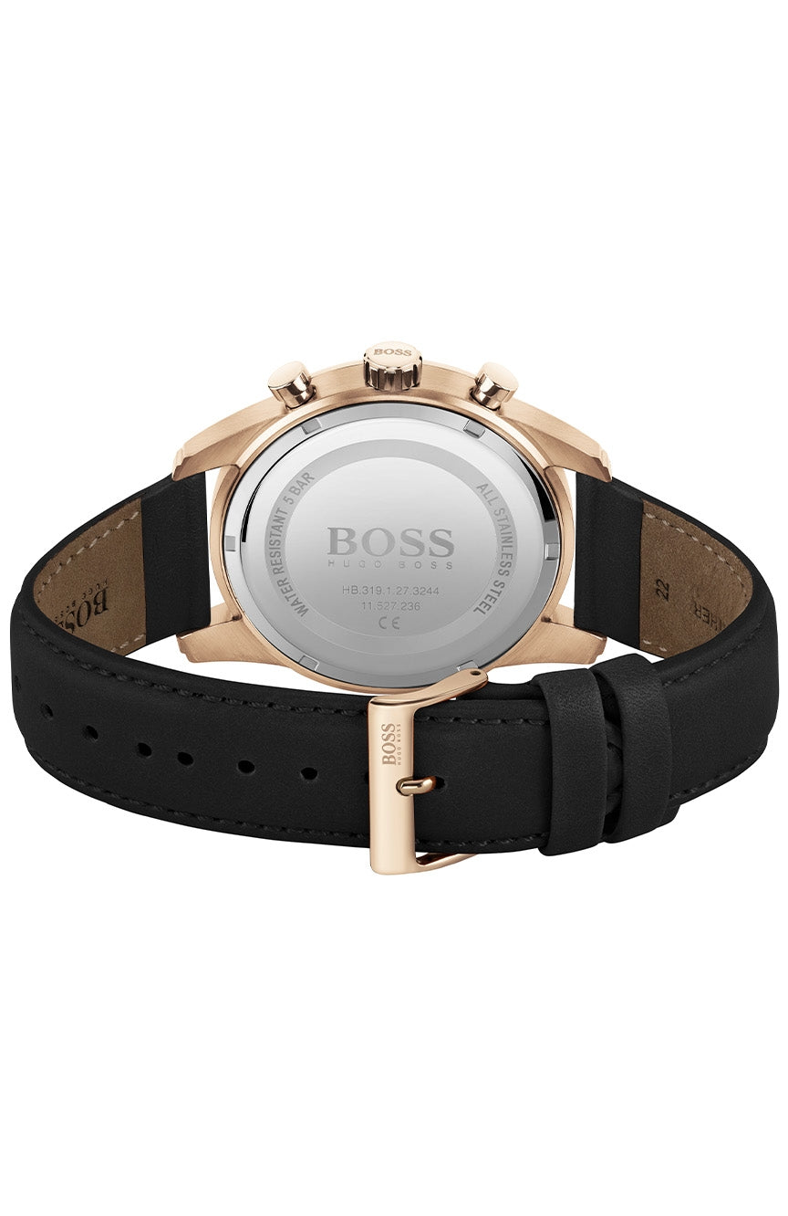 Hugo Boss Skymaster watch caseback showing engraved branding and black leather strap