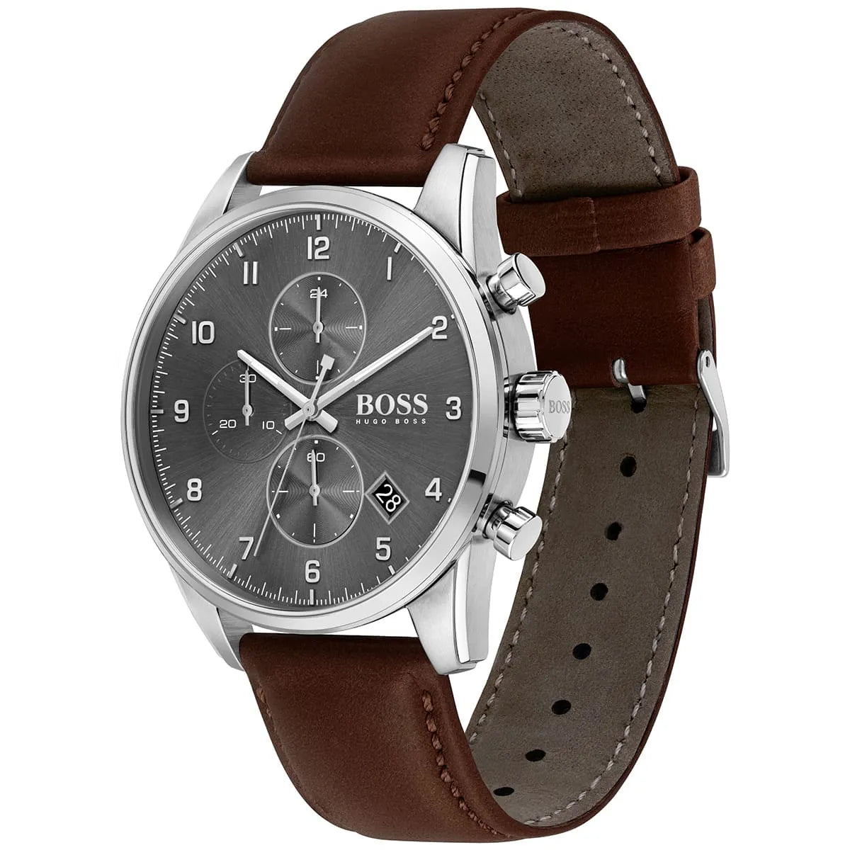 Hugo Boss Skymaster watch displayed at angle showing grey dial and brown leather strap