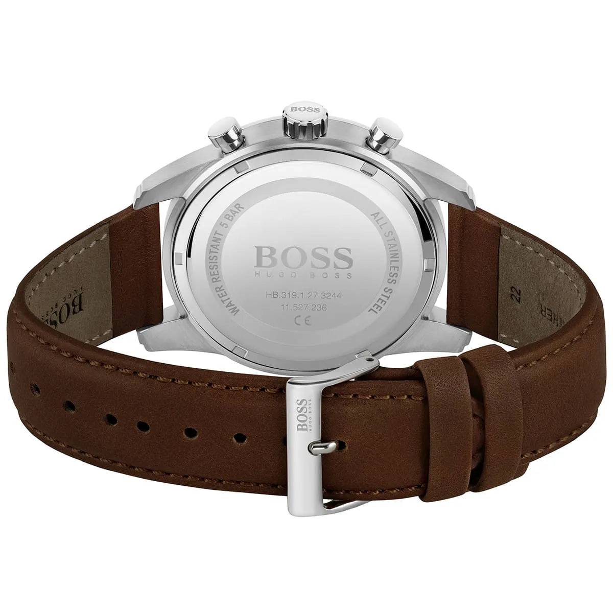 Hugo Boss Skymaster caseback with engraved BOSS logo and watch specifications