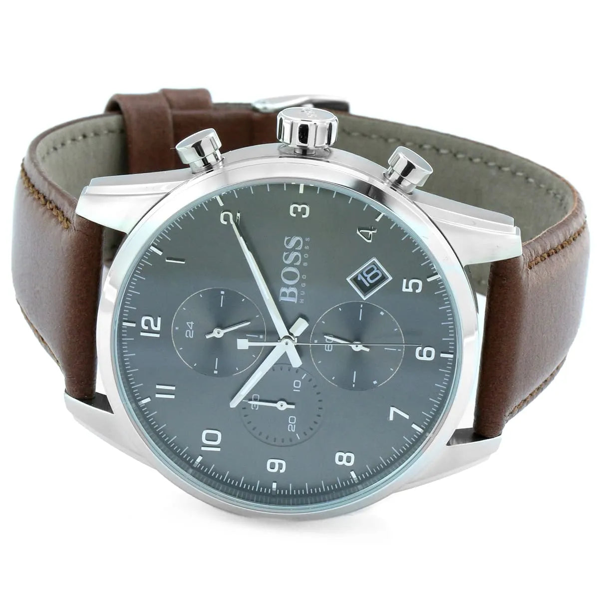 Hugo Boss Skymaster chronograph watch worn on wrist showing grey dial and brown strap