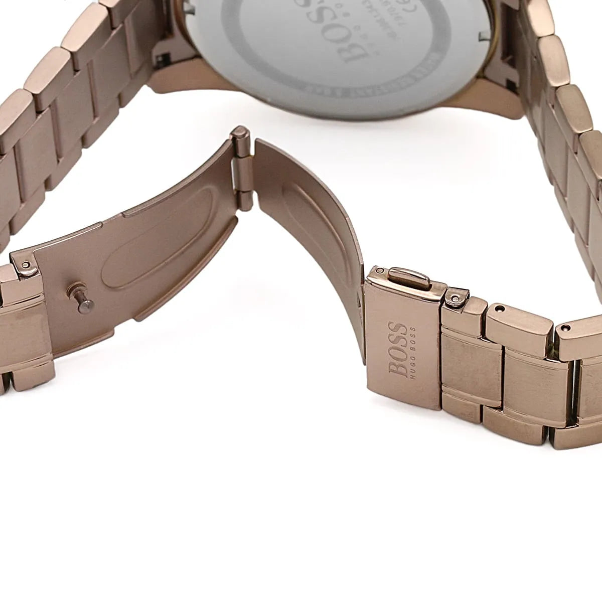 Hugo Boss Skymaster watch rose gold metal bracelet and clasp detail