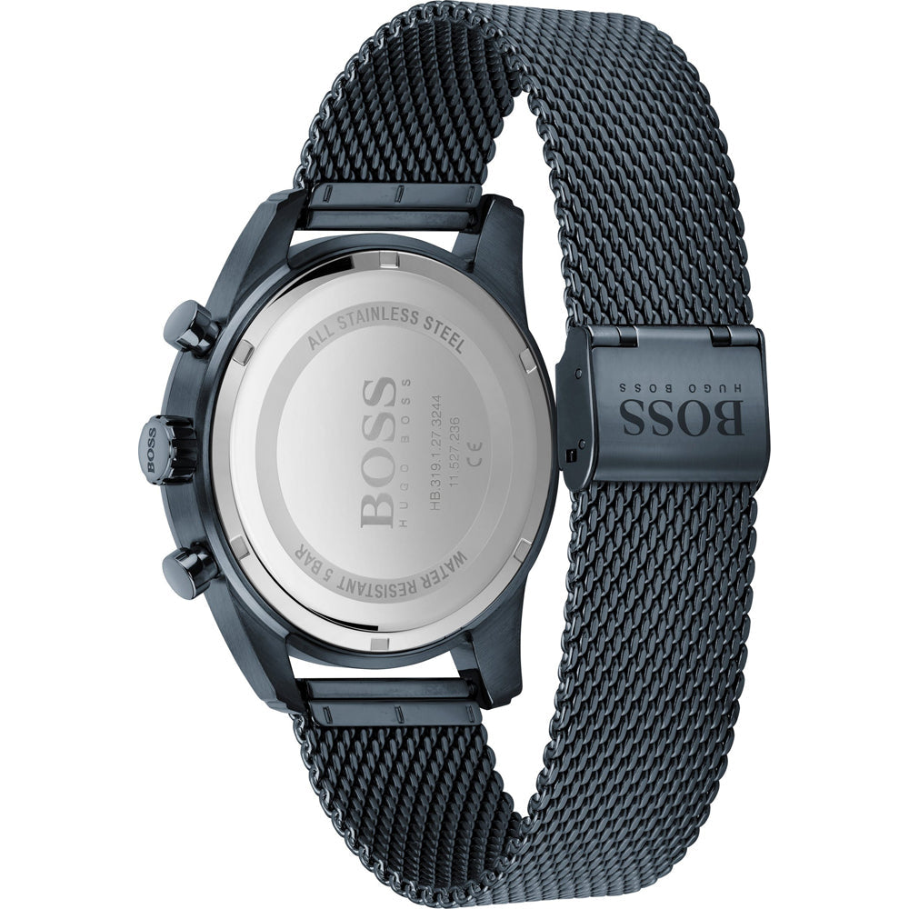 Hugo Boss Skymaster stainless steel caseback with mesh strap visible