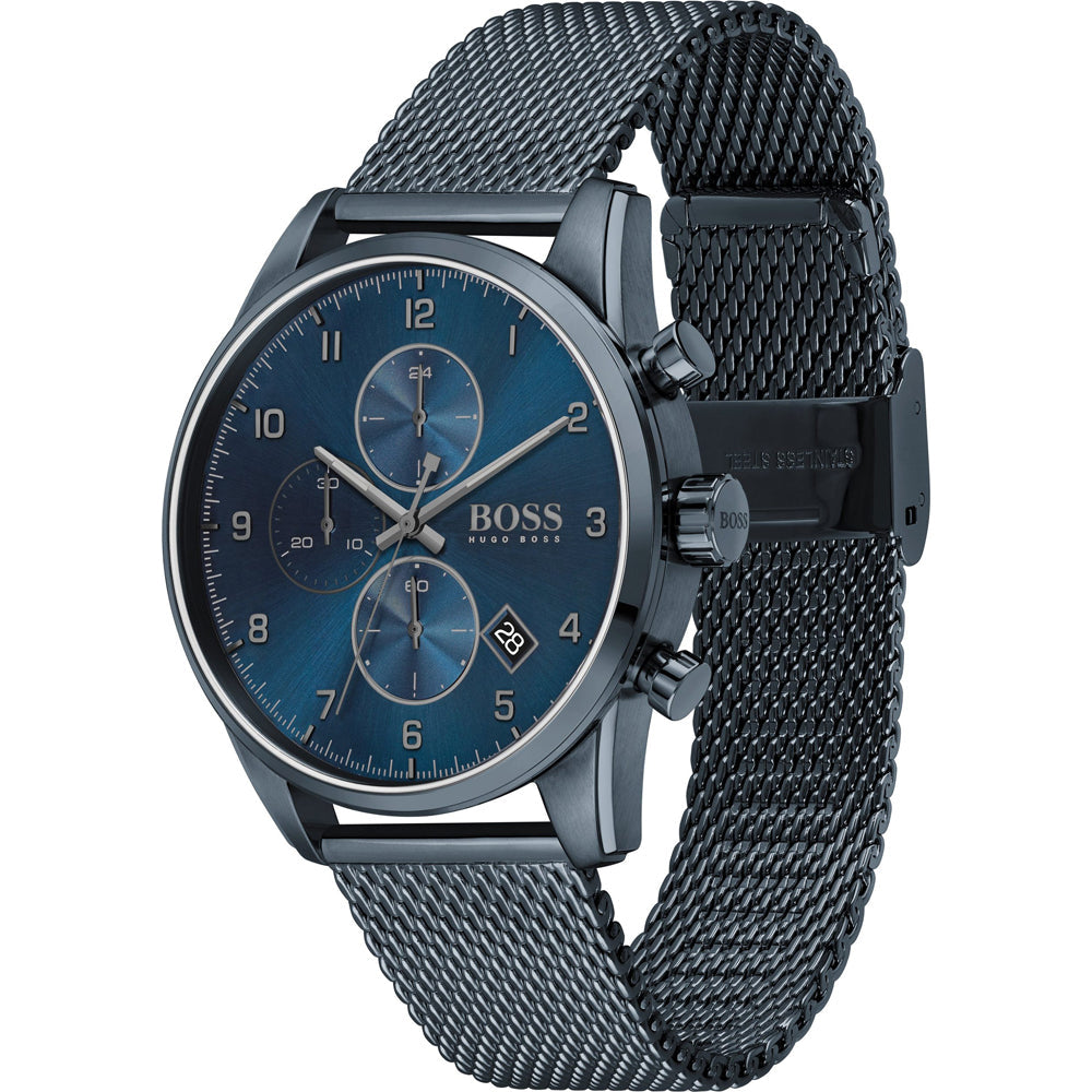Hugo Boss Skymaster chronograph watch on wrist showing blue dial and mesh bracelet