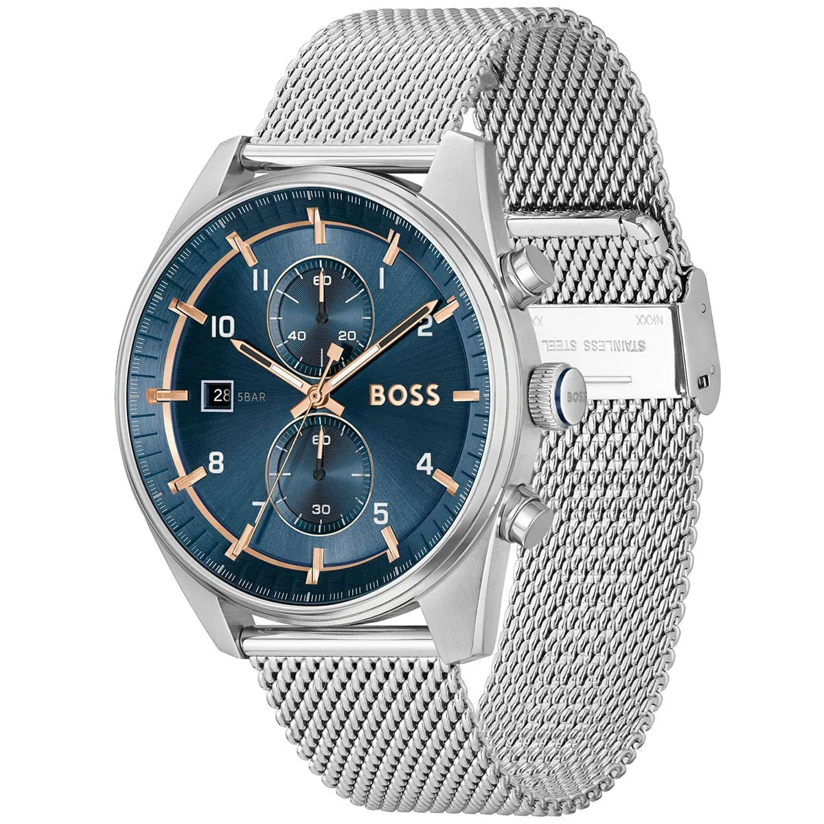Hugo Boss Strike watch angled view showing blue dial with subdials and silver mesh band
