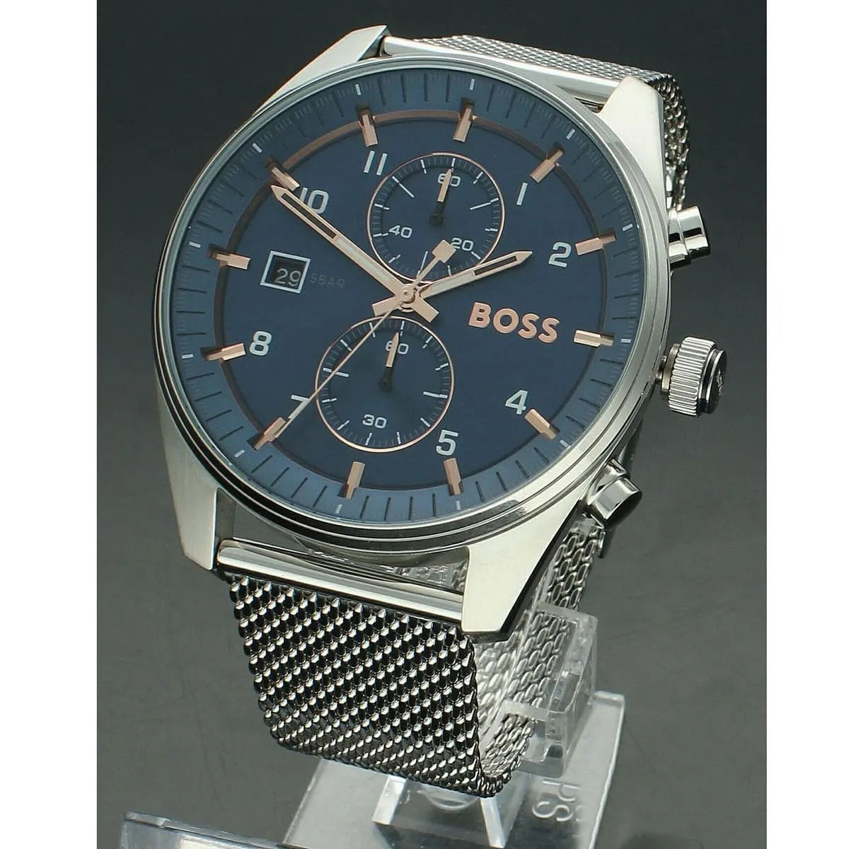 Hugo Boss Strike men's chronograph watch front view with blue dial and rose gold hands