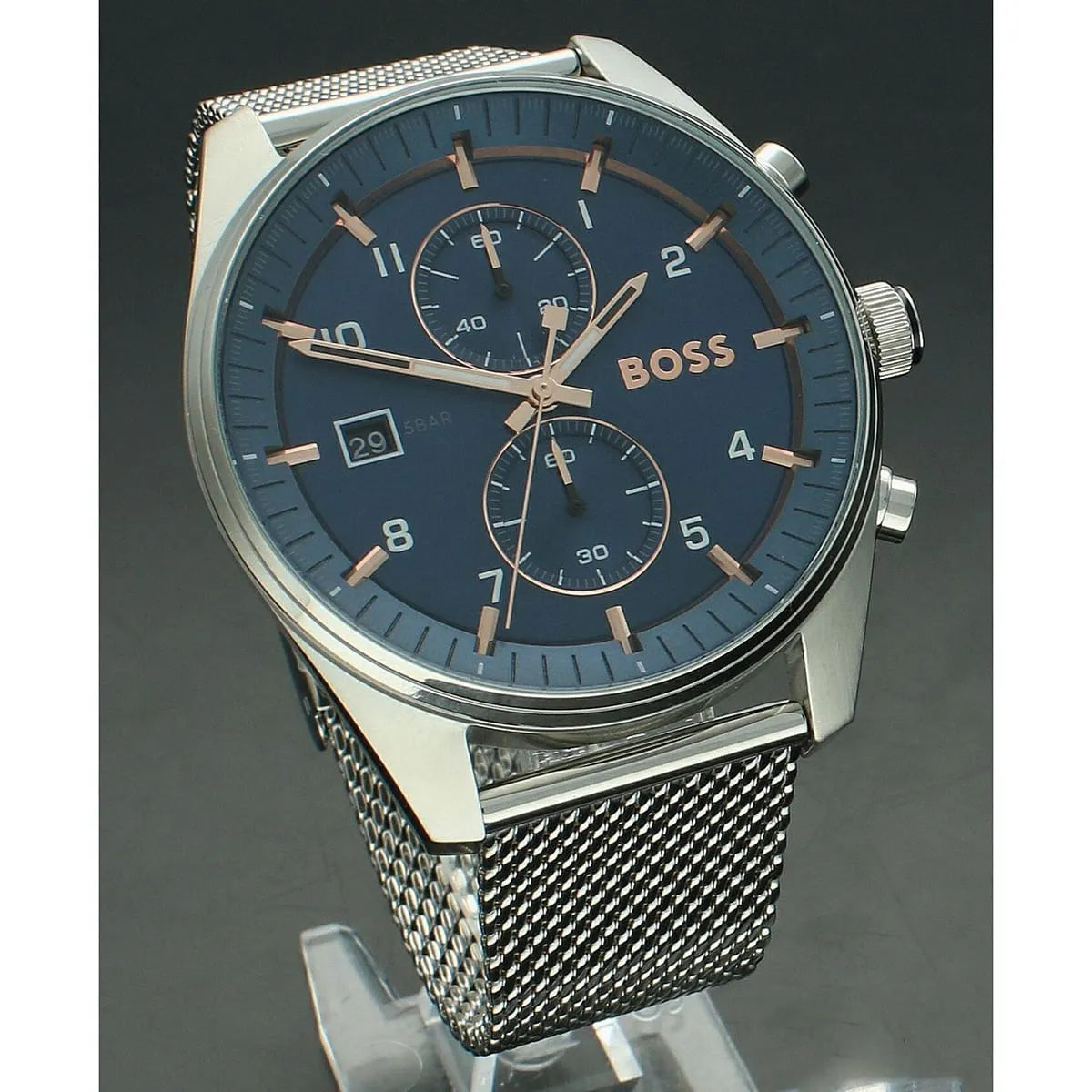 Hugo Boss Strike chronograph watch featuring blue sunburst dial and stainless steel case