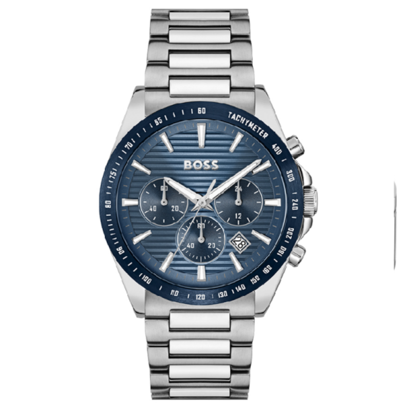 Hugo Boss Strike chronograph men's watch with blue dial and stainless steel bracelet