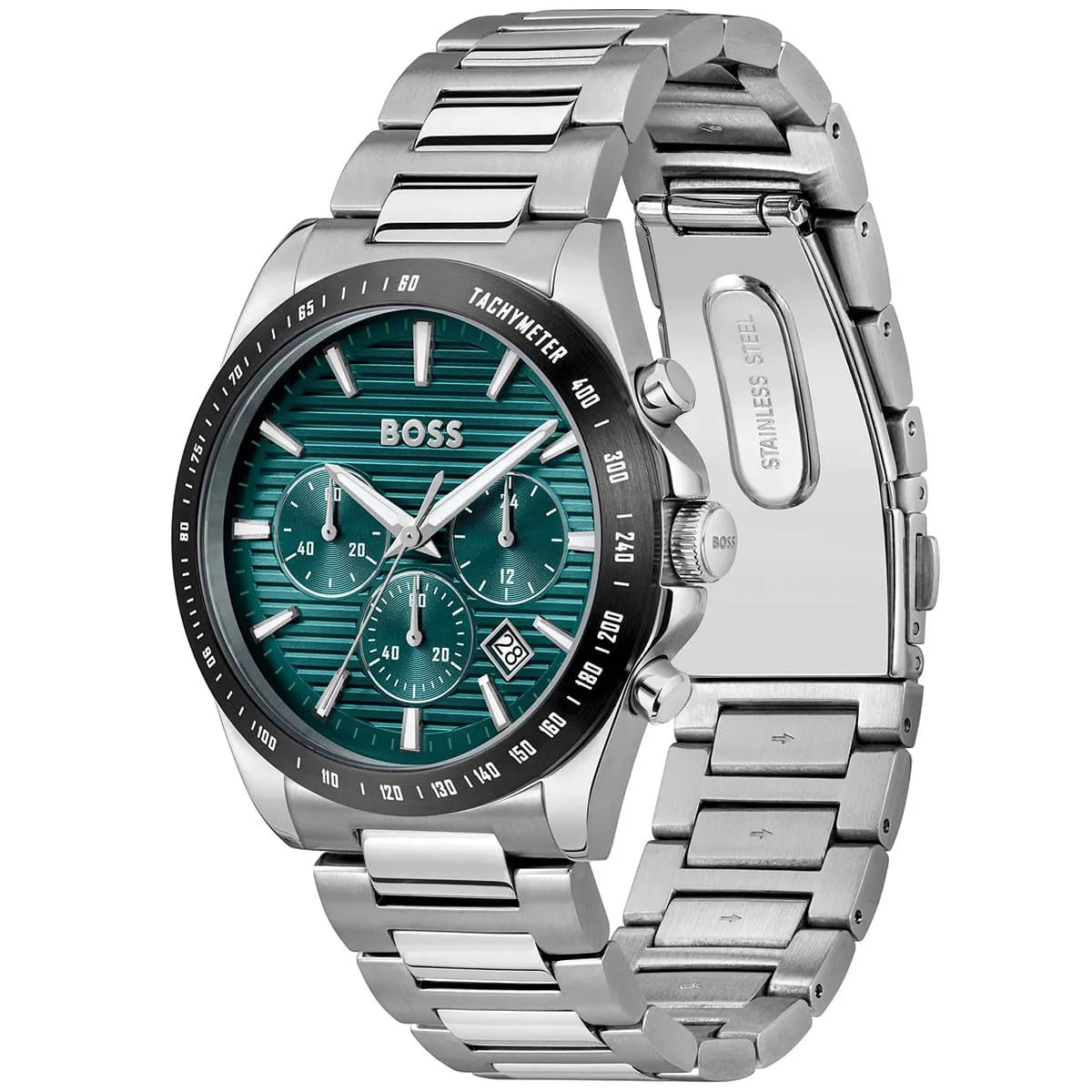 Hugo Boss Strike watch front and side view showing stainless steel bracelet and chronograph dials