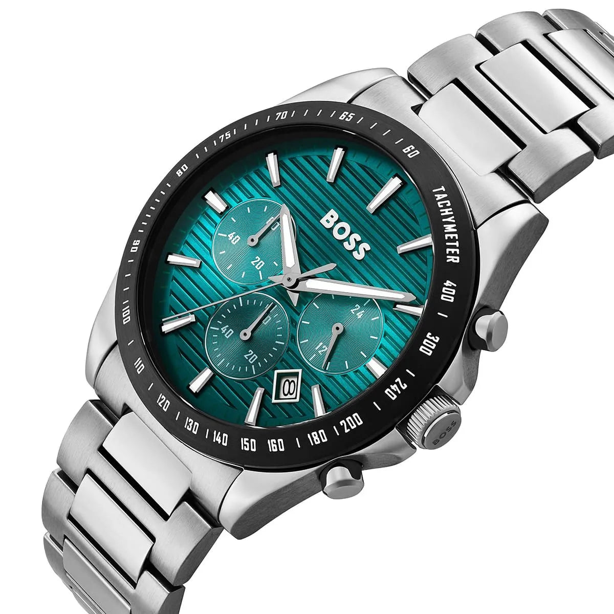 Close-up of Hugo Boss Strike dial with teal green sunburst pattern and chronograph subdials