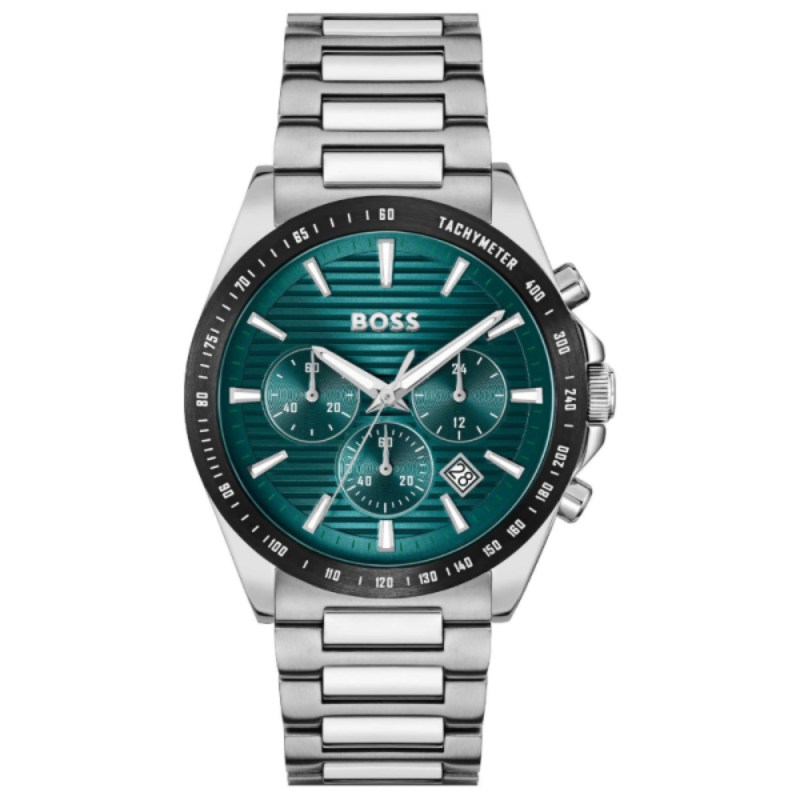 Hugo Boss Strike chronograph watch with teal green dial and stainless steel bracelet