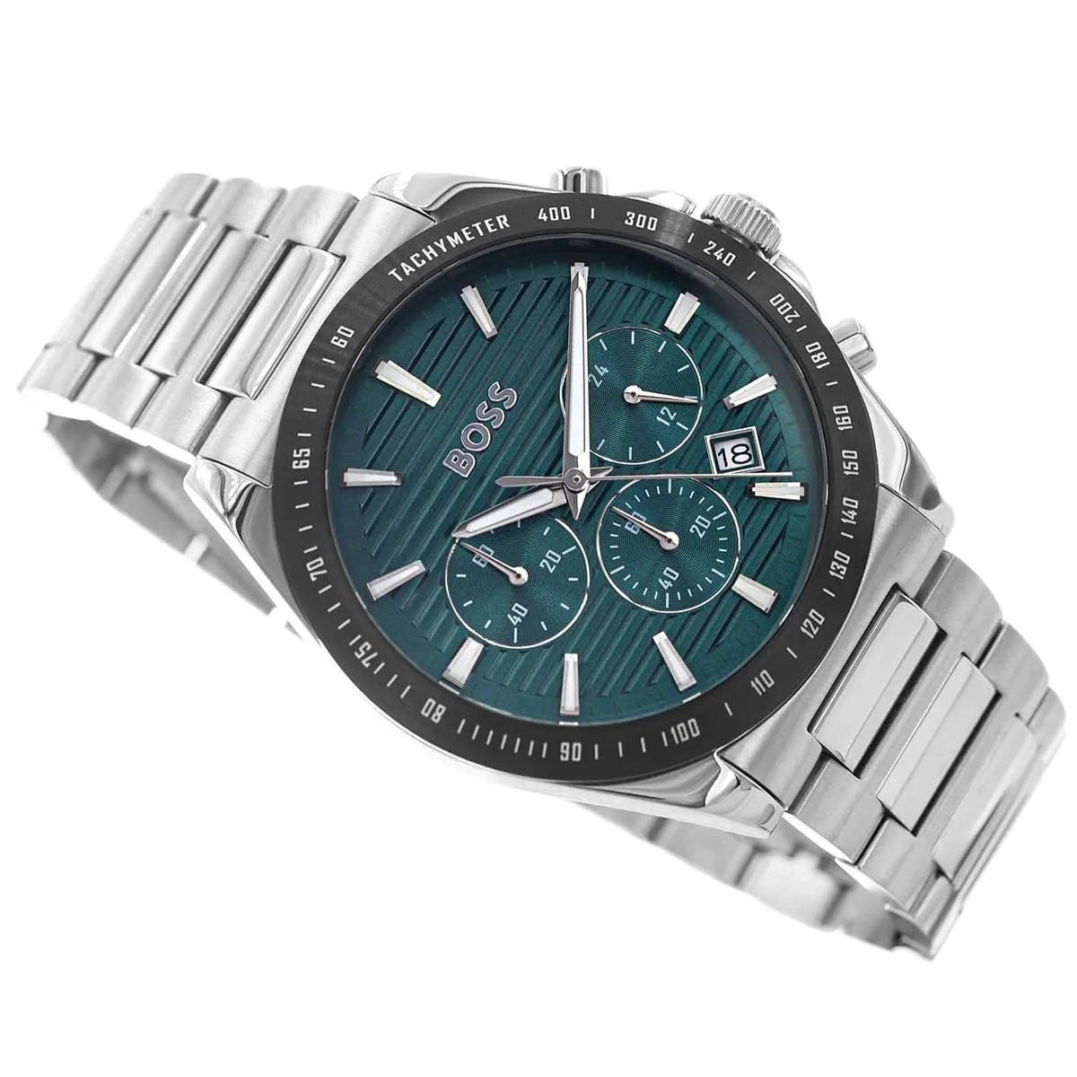 Hugo Boss Strike chronograph watch with green dial displayed with stainless steel bracelet