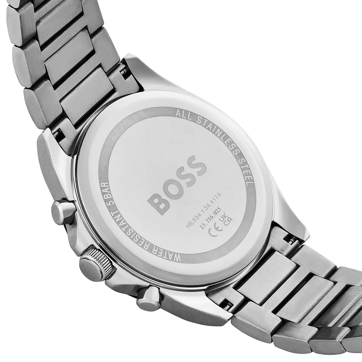Side view of Hugo Boss Strike chronograph watch showing case profile and stainless steel bracelet