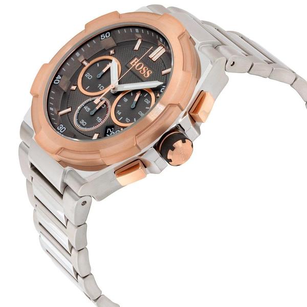 Hugo Boss Supernova chronograph watch at angle showing case profile and metal bracelet