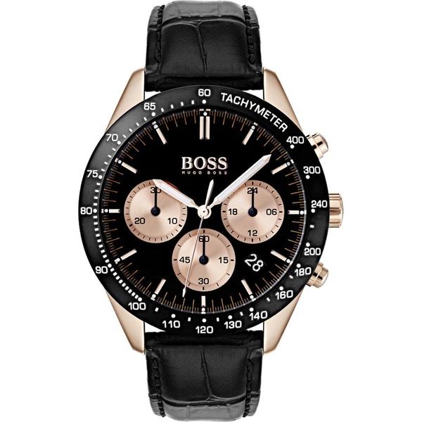 Hugo Boss Talent chronograph men's watch with black dial, rose gold case, and three rose gold subdials