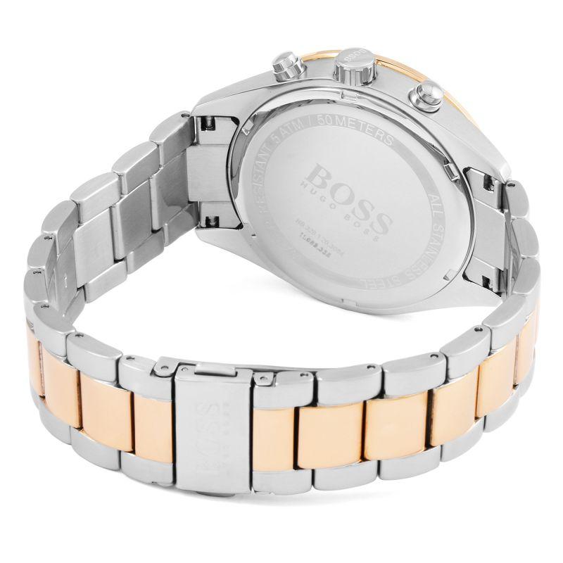 Case back of Hugo Boss Talent chronograph watch with two-tone steel and rose gold bracelet