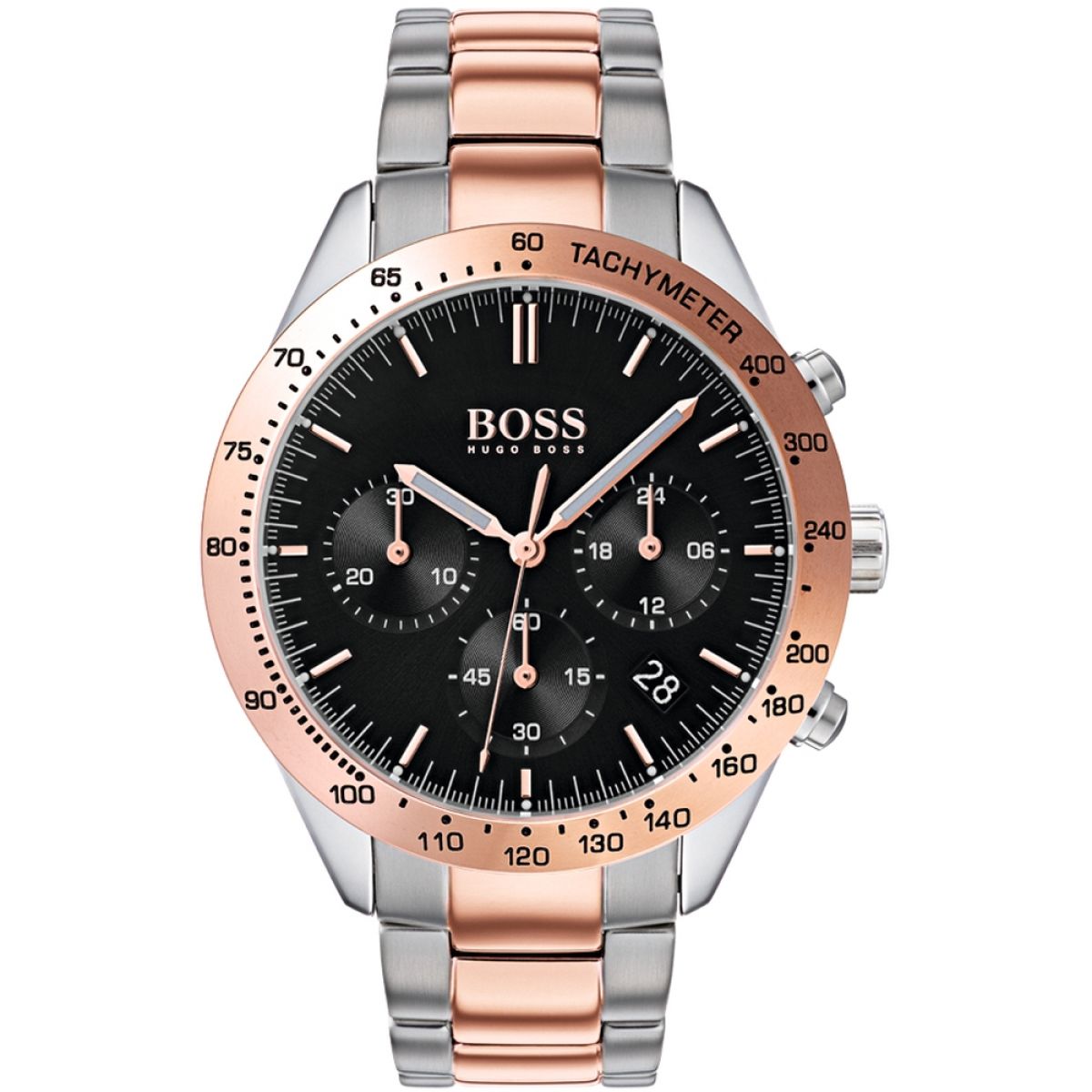 Hugo Boss Talent chronograph watch with black dial, two-tone steel and rose gold case, and tachymeter bezel