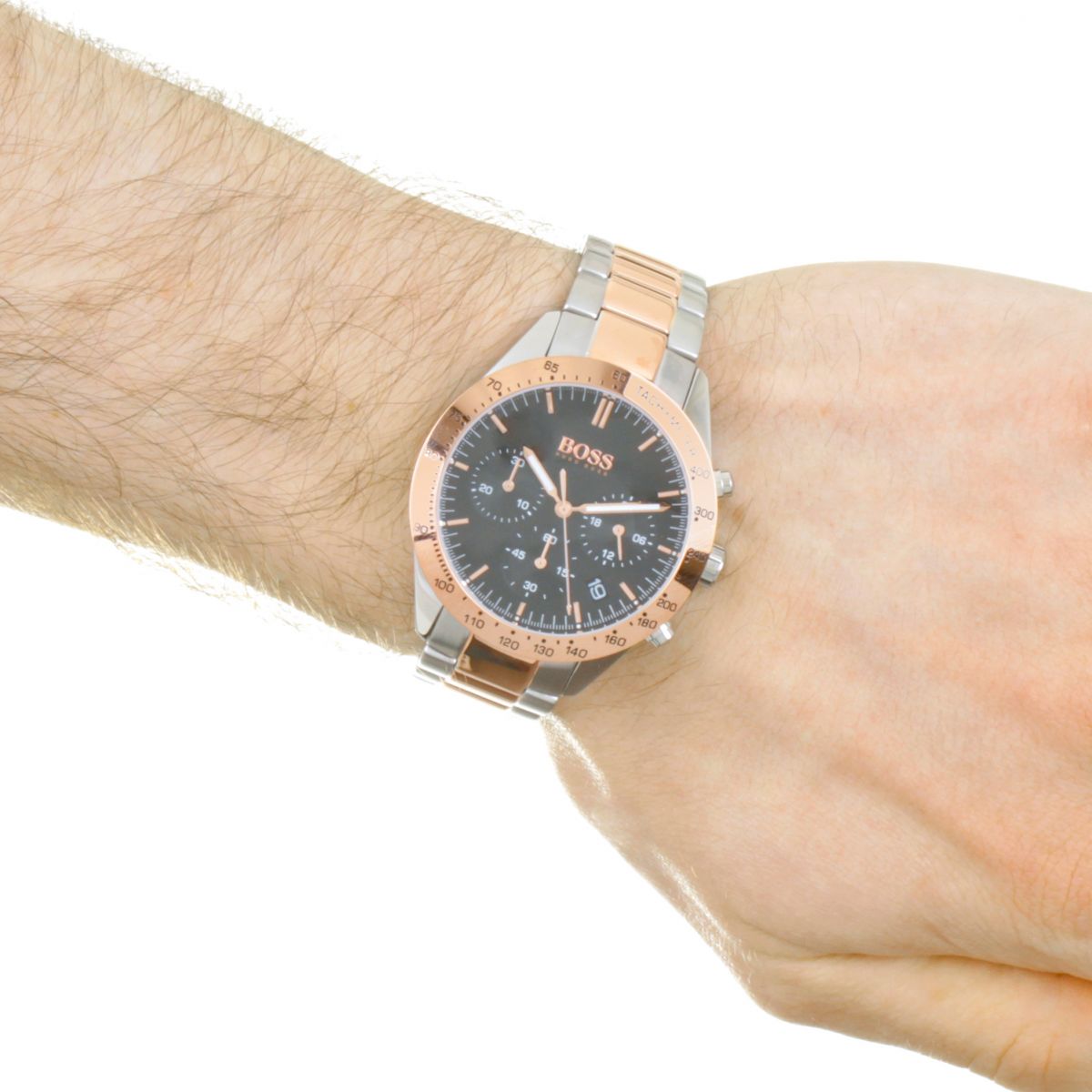 Wrist shot of Hugo Boss Talent chronograph with black dial and two-tone case