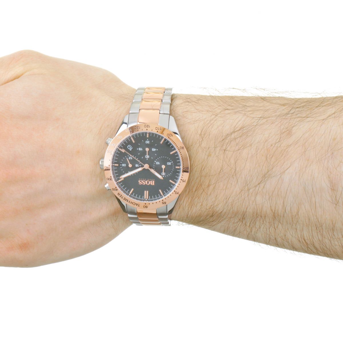 Hugo Boss Talent chronograph watch worn on wrist with two-tone bracelet