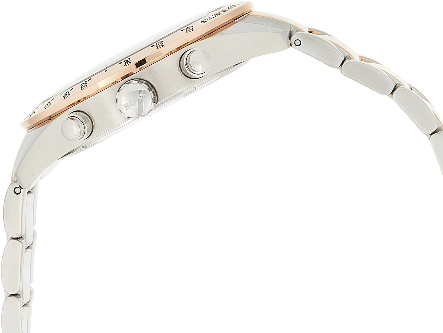 Side view of Hugo Boss Talent watch showing chronograph pushers and two-tone bracelet