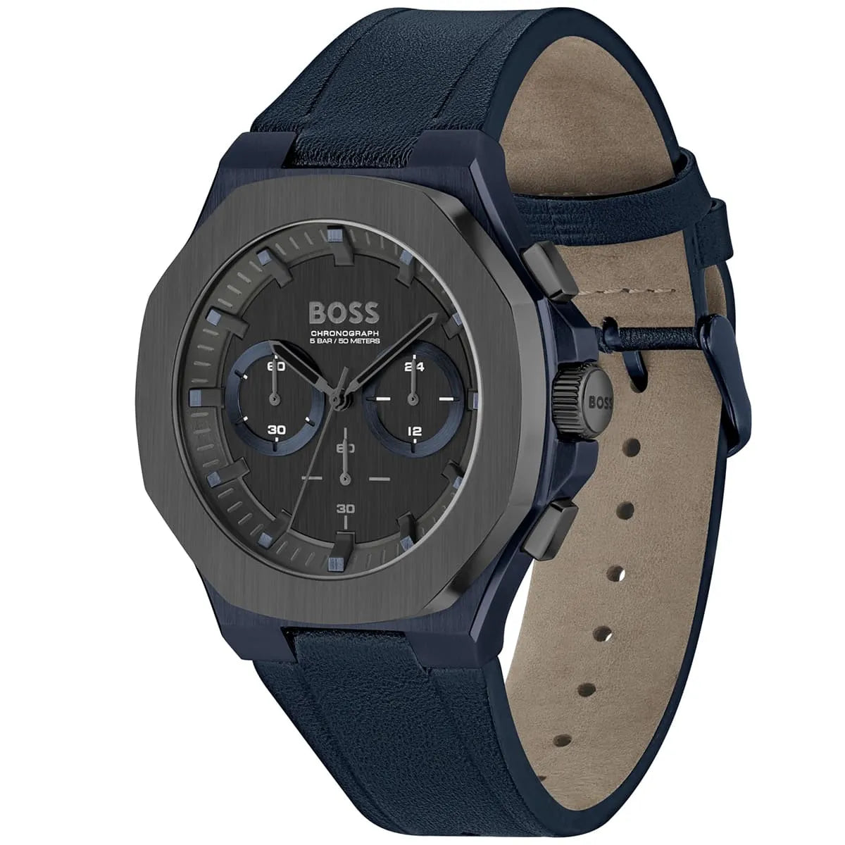 Hugo Boss Taper watch side view showing blue rubber strap and gray case