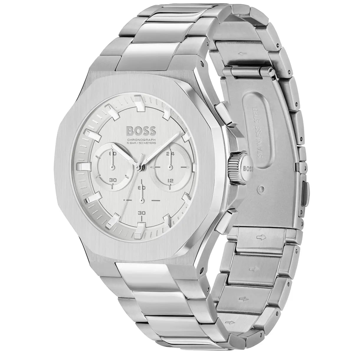 Hugo Boss Taper chronograph at side angle showing white dial and silver steel case