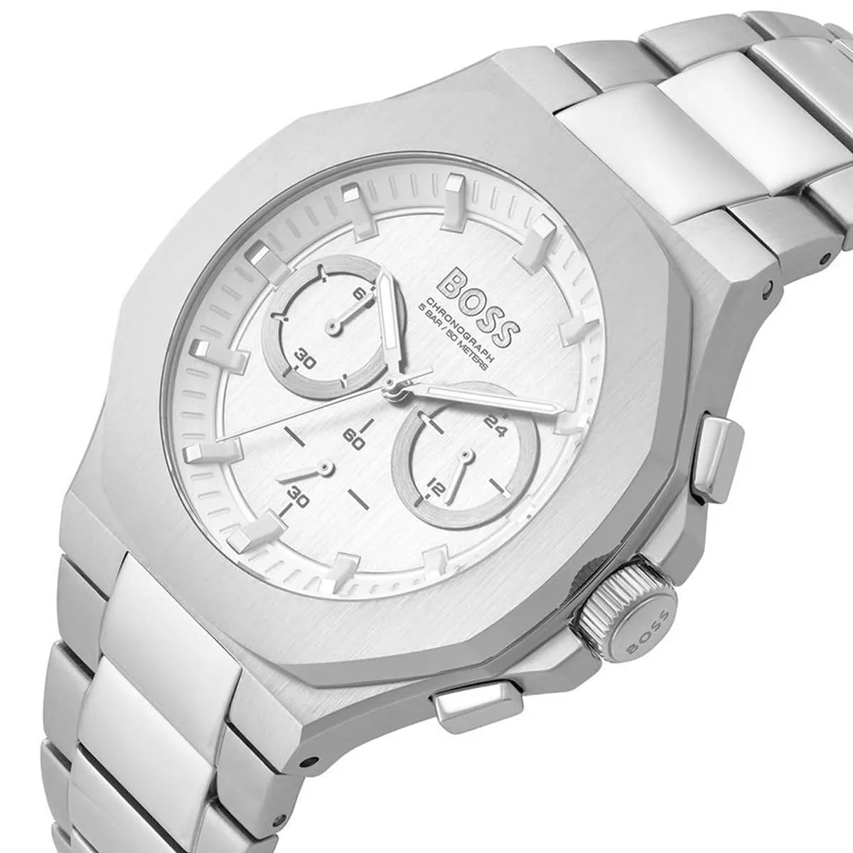Hugo Boss Taper chronograph side view with white dial and dual subdials