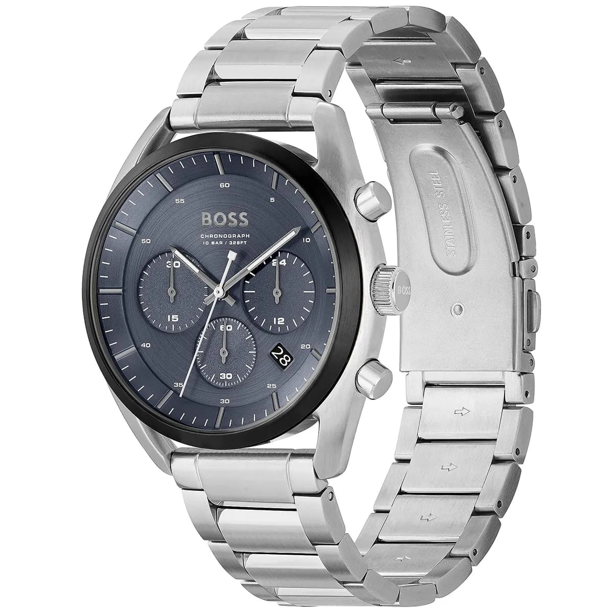 Hugo Boss Top Chronograph watch shown from front and side, displaying metal bracelet detail