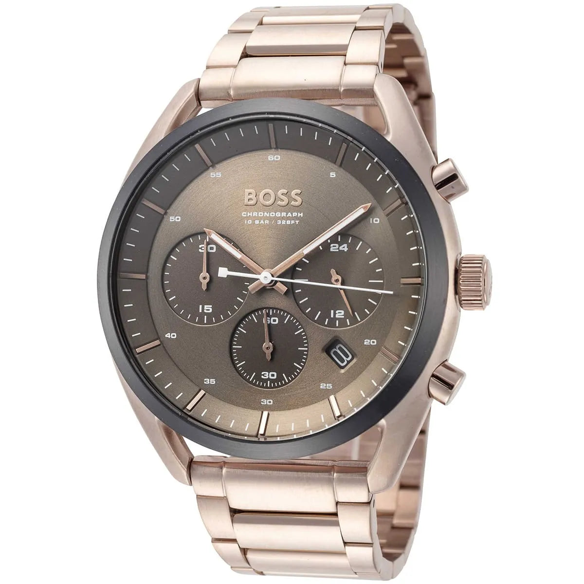 Hugo Boss Top chronograph with grey dial, multiple subdials, and rose gold metal bracelet