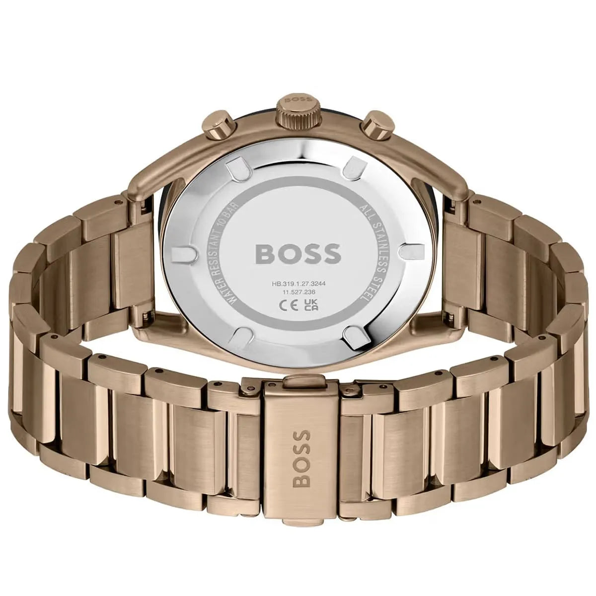 Hugo Boss Top caseback featuring white dial with BOSS branding and model information