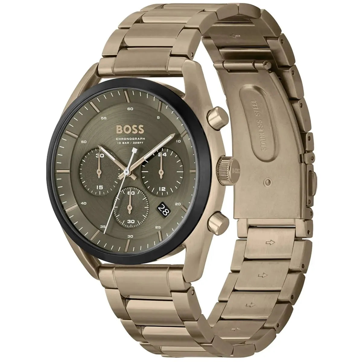 Side view of Hugo Boss Top watch showing rose gold bracelet and chronograph pushers