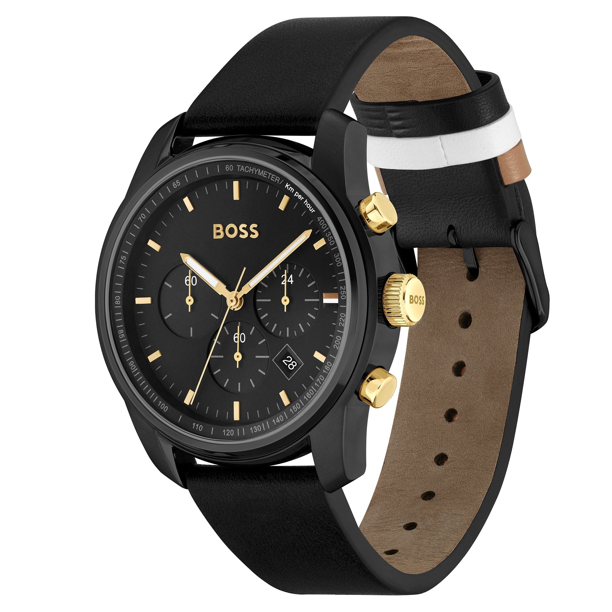Hugo Boss Trace watch side view showing black and brown leather strap with gold hardware
