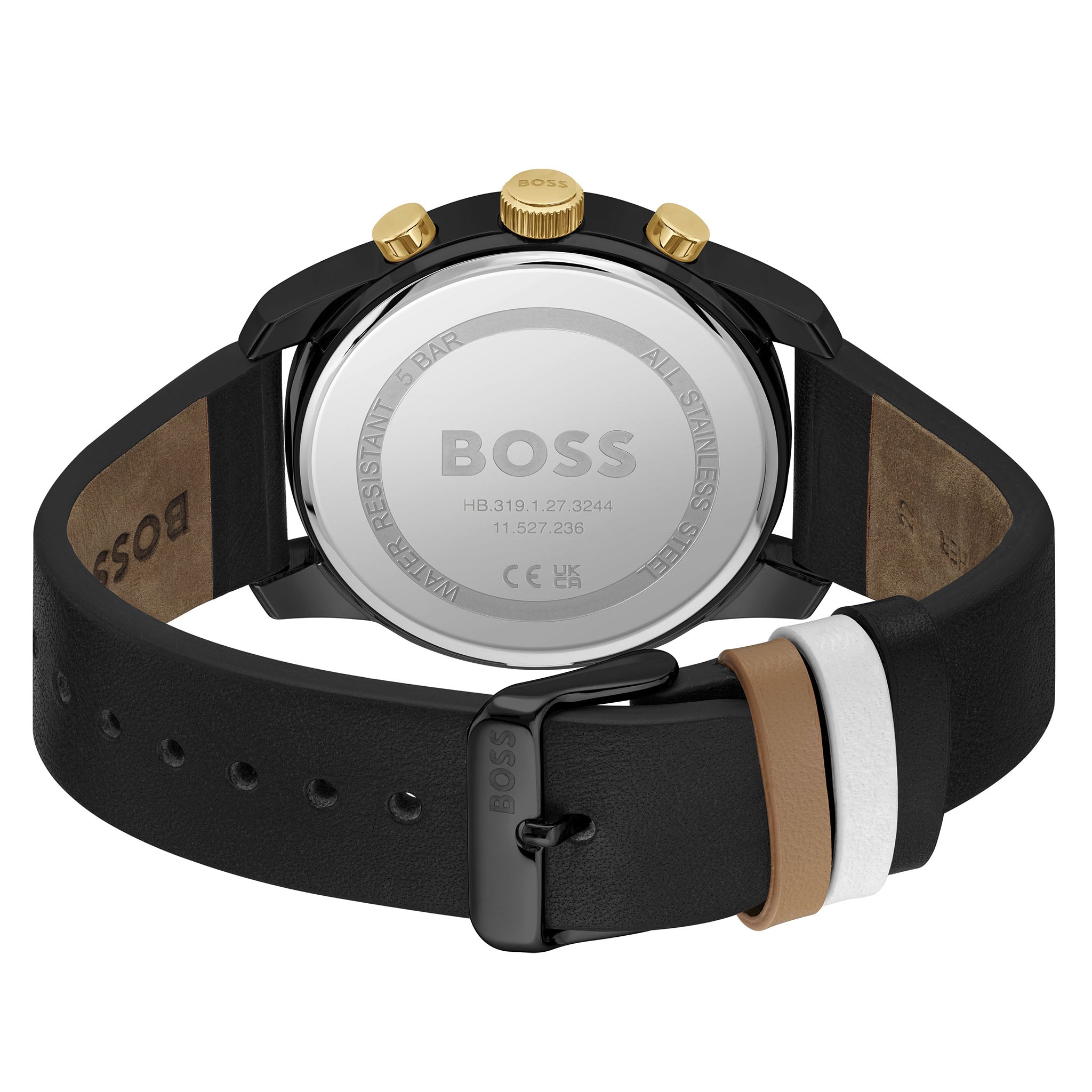 Hugo Boss Trace watch caseback showing stainless steel case back with engraved BOSS branding