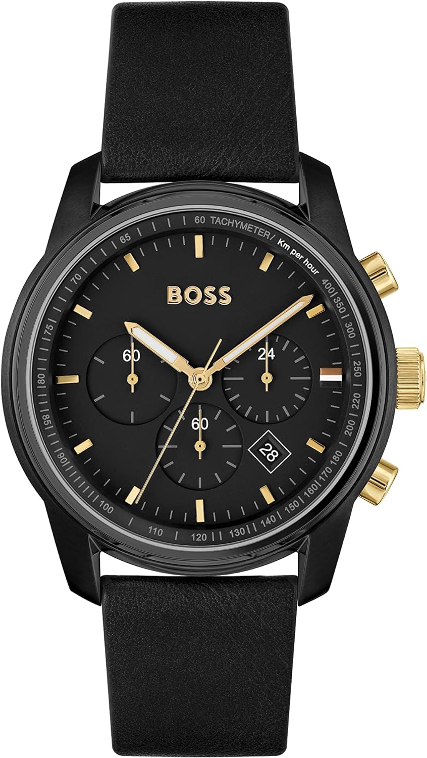 Hugo Boss Trace chronograph men's watch with black dial, gold hands, and black leather strap